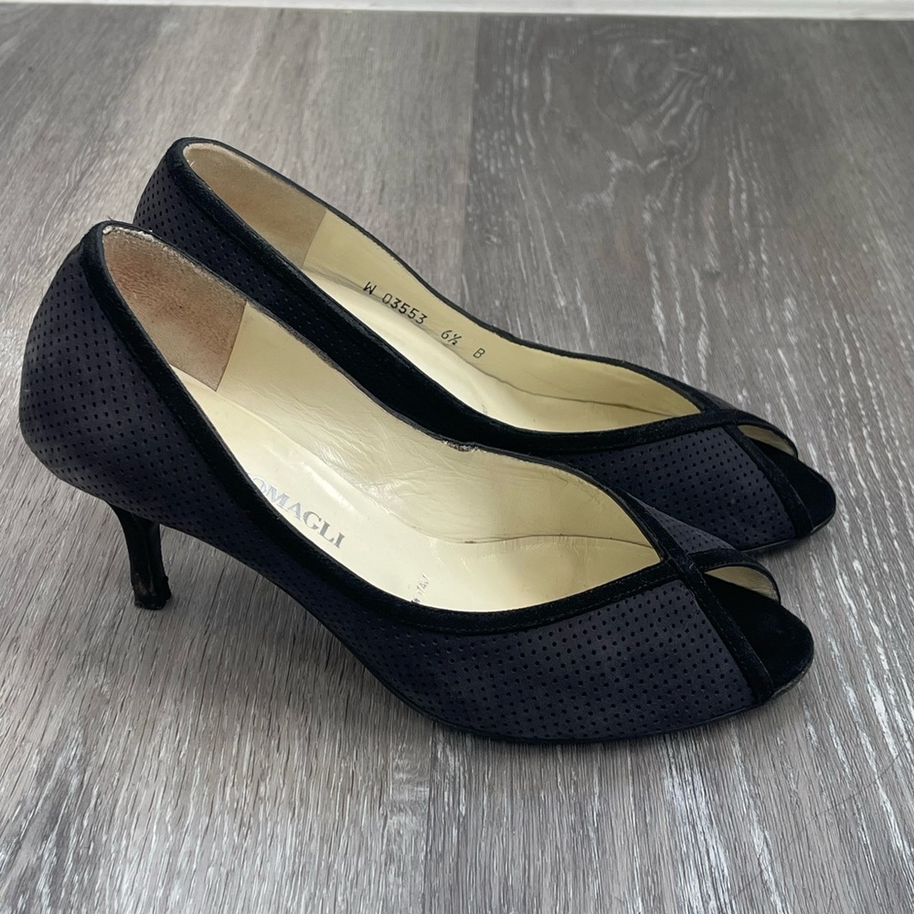 Bruno Magli Black Suede Peep Toe Heels Size 6.5